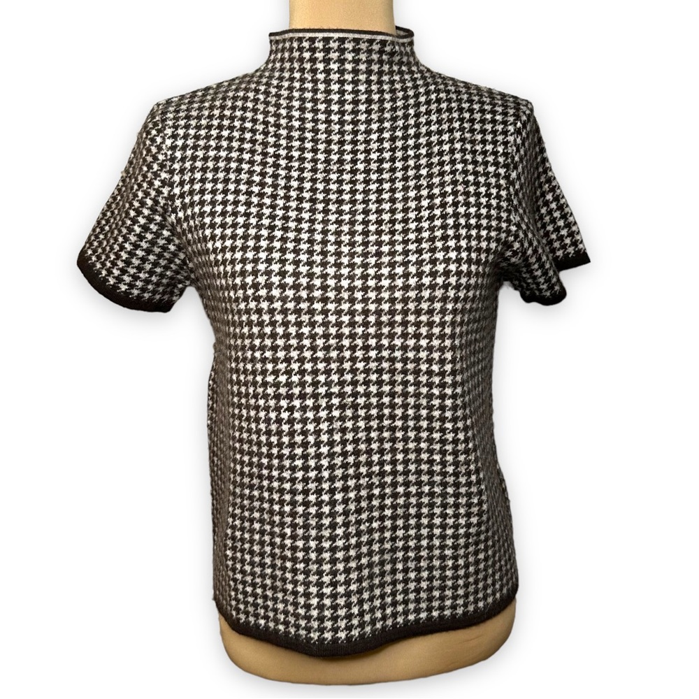 Vintage Josephine Chaus Sweater Merino Wool Houndstooth Brown Mock Neck Size M